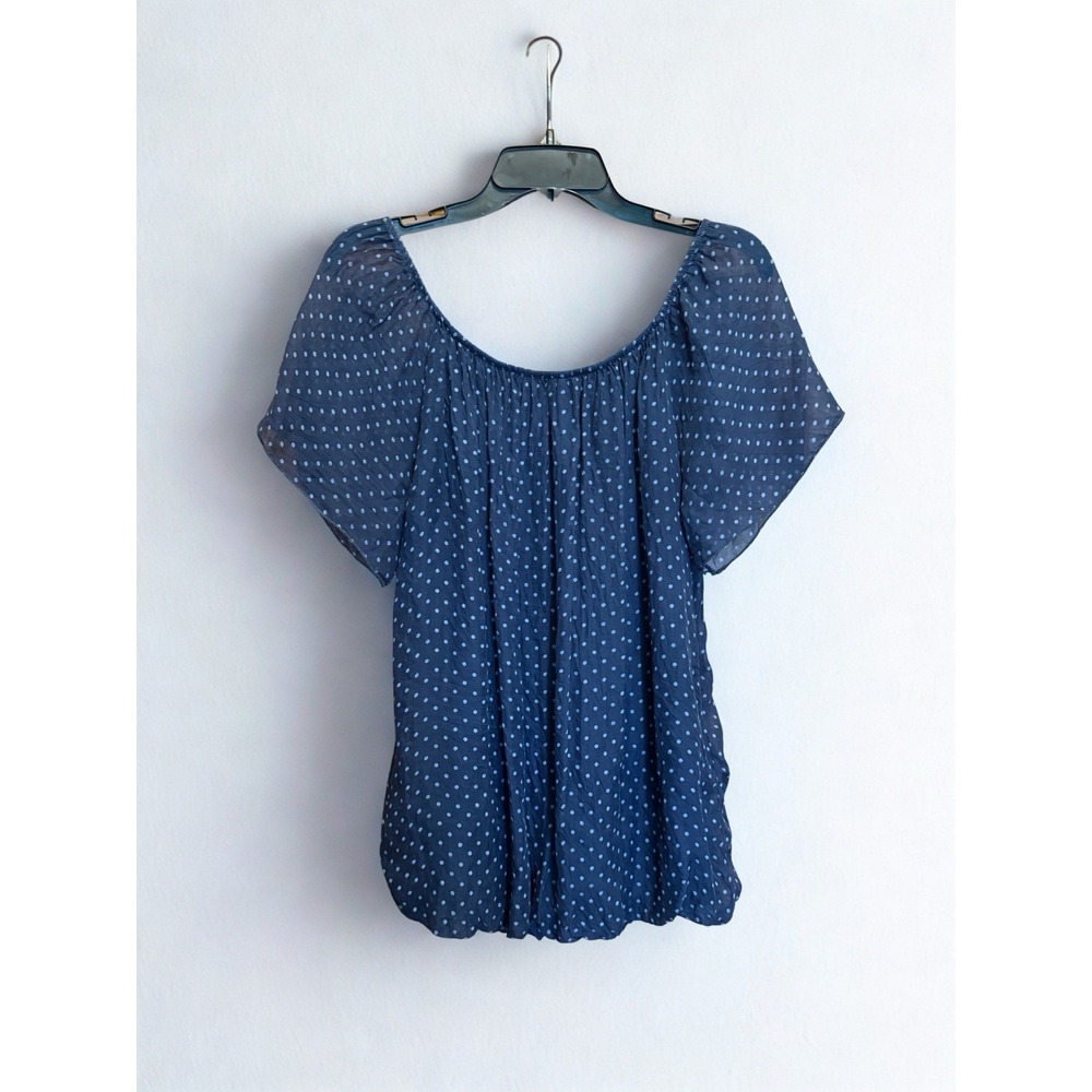 Luisa Ricci Navy Blue Polka Dot Top Italy bubble hem Boho 100% Silk Shirt L‎